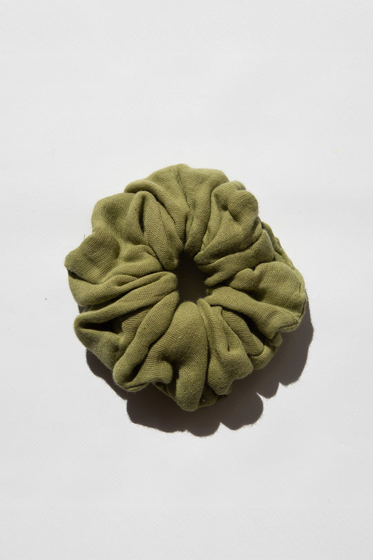 Daughters of India Upcycled Scrunchie in Fern, a deep forest green hair scrunchie made from upcycled cotton fabric
