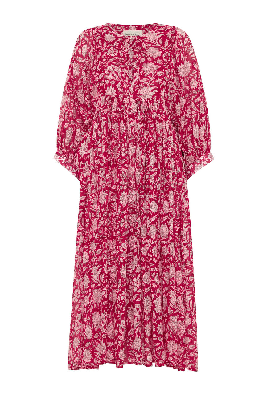 Daughters of India Kyra Midi Dress in Saffron — flat lay showing full floral print, screen print cotton