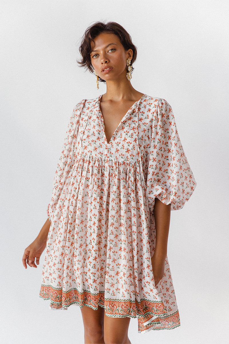 Kyra Mini Dress ~ Coral | Block Printed by Hand in India – DOI