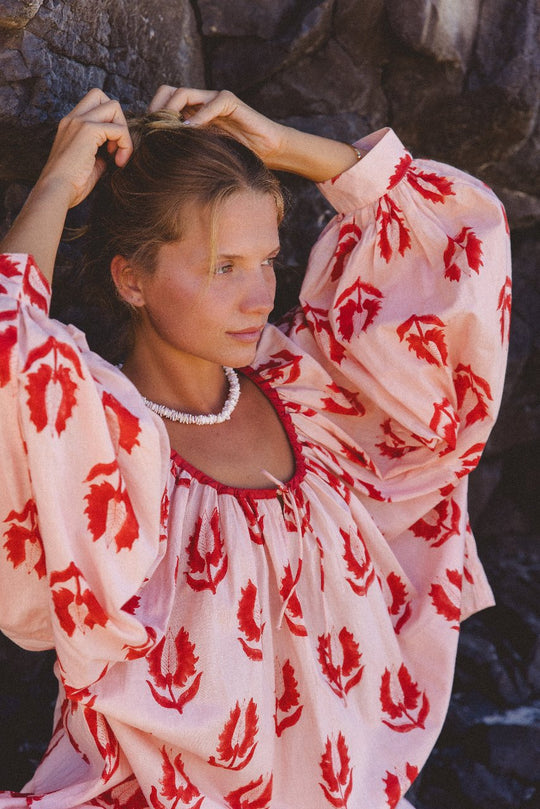 Ria Blouse Cherry Blossom — studio back view, blouse back and tie detail, cherry blossom pink block print cotton, artisan Jaipur India | Daughters of India