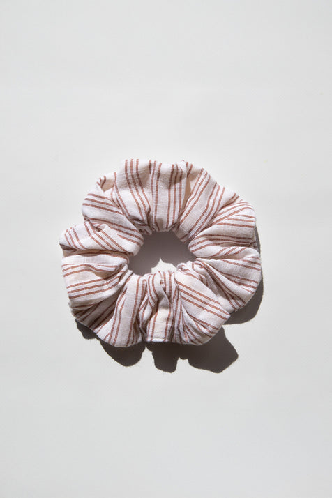 Daughters of India Upcycled Scrunchie in Vanilla, a cream and pink striped hair scrunchie made from upcycled cotton fabric