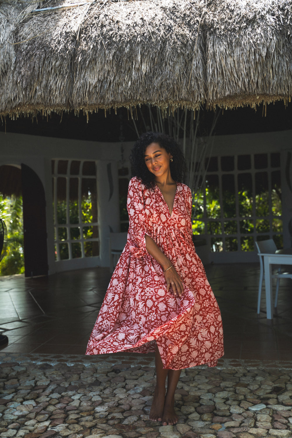 Daughters of India Kyra Midi Dress in Saffron — by thatched tropical hut, hand screen print cotton