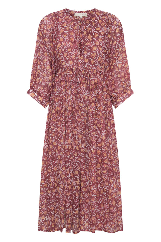 Daughters of India Kyra Midi Dress in Sumac — flat lay showing botanical leaf print, cotton